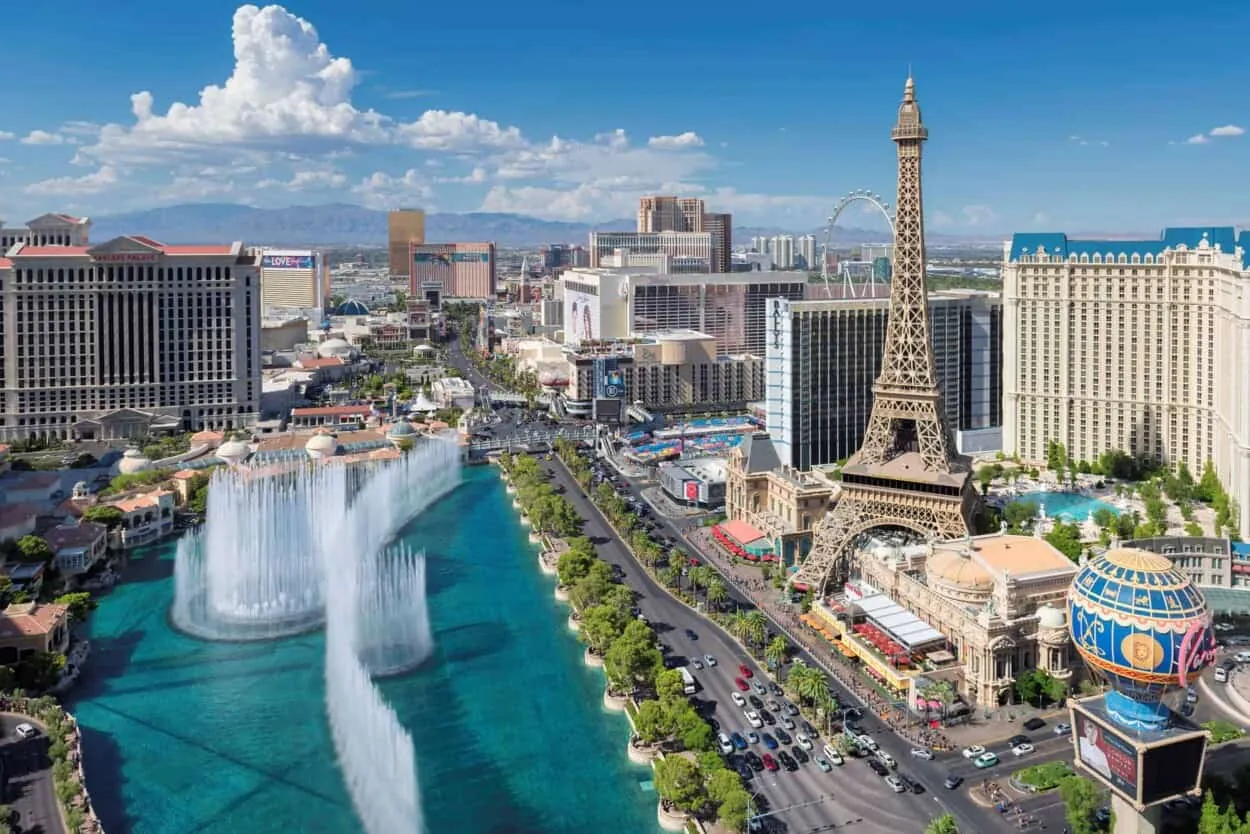 Aerial view of the Las Vegas Strip with the Bellagio fountains and the Paris Las Vegas Eiffel Tower