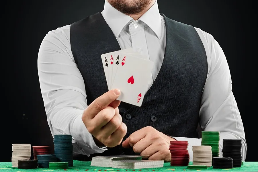 male dealer at the casino at the table. casino concept, gambling
