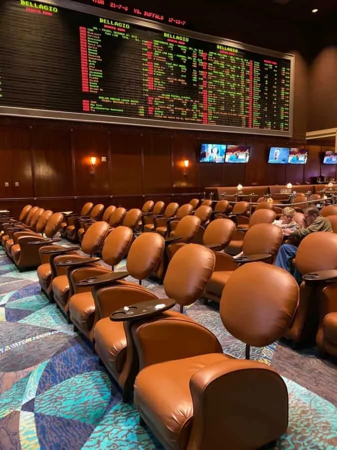 Cool chairs and betting wall at Bellagio Sportbook