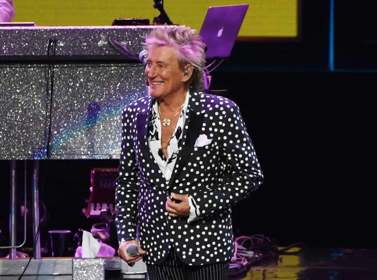 Rod Stewart performing on stage in Las Vegas in 2019