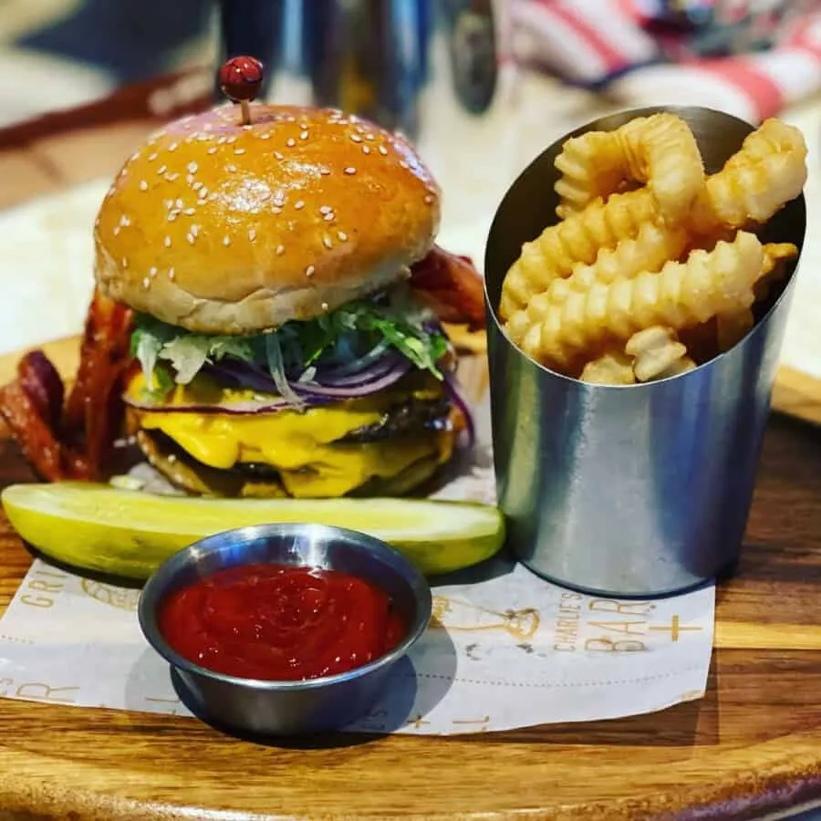 Burger and Fries at Charlie’s Sports Bar