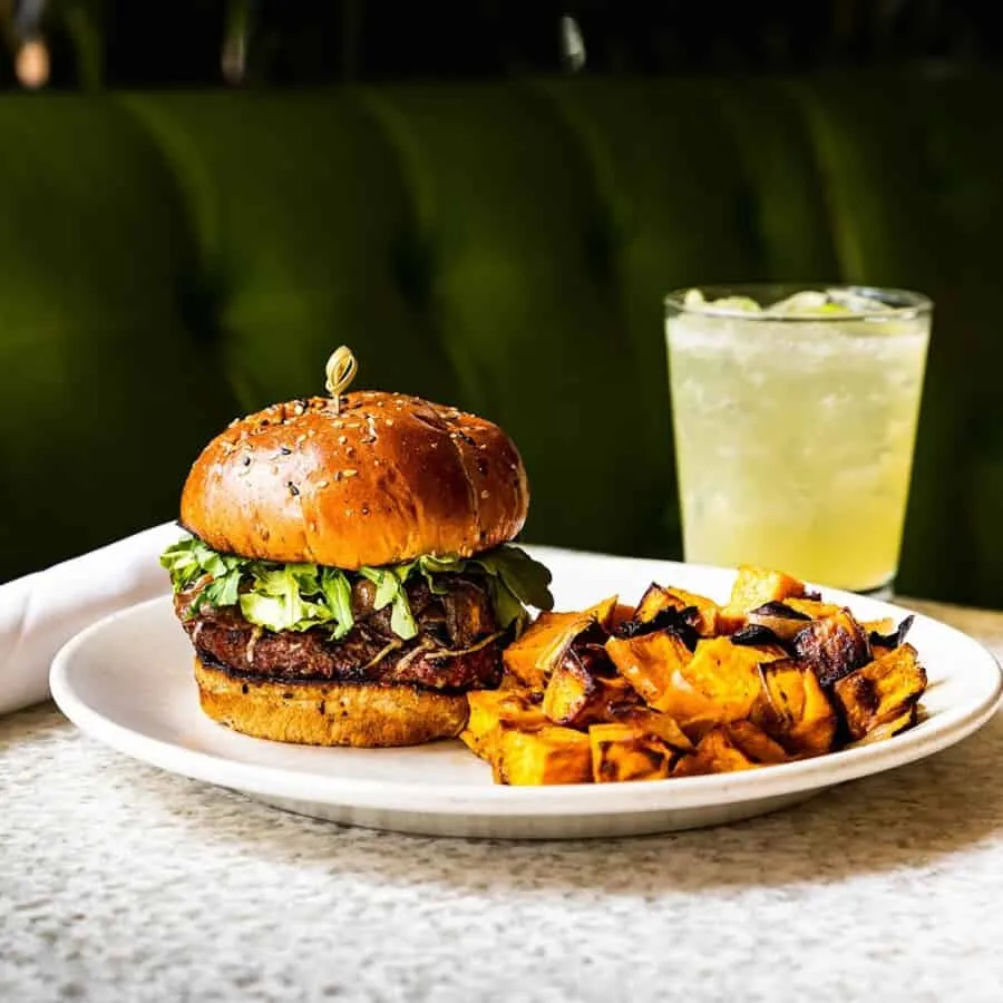 Burger with drink at True Food Kitchen