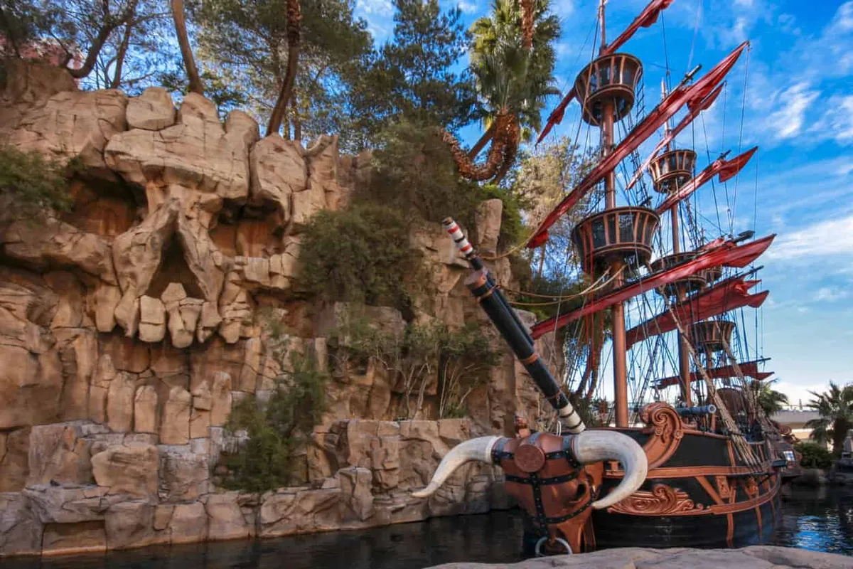Pirate ship at pond near Treasure Island