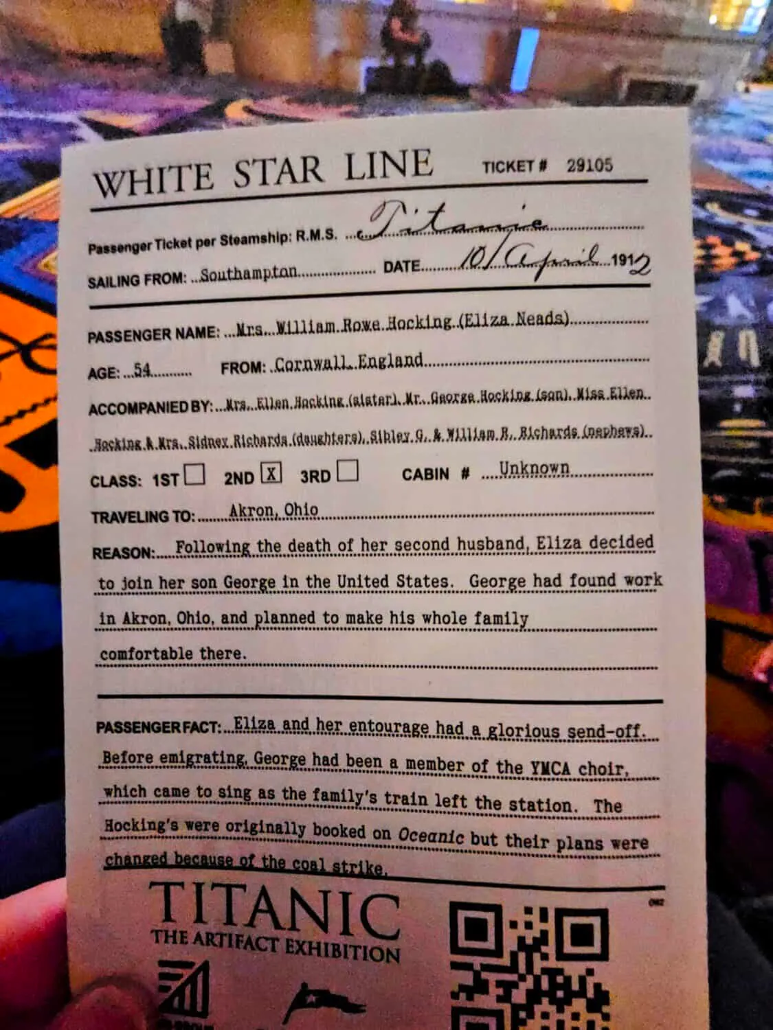 Titanic Museum passenger ticket back